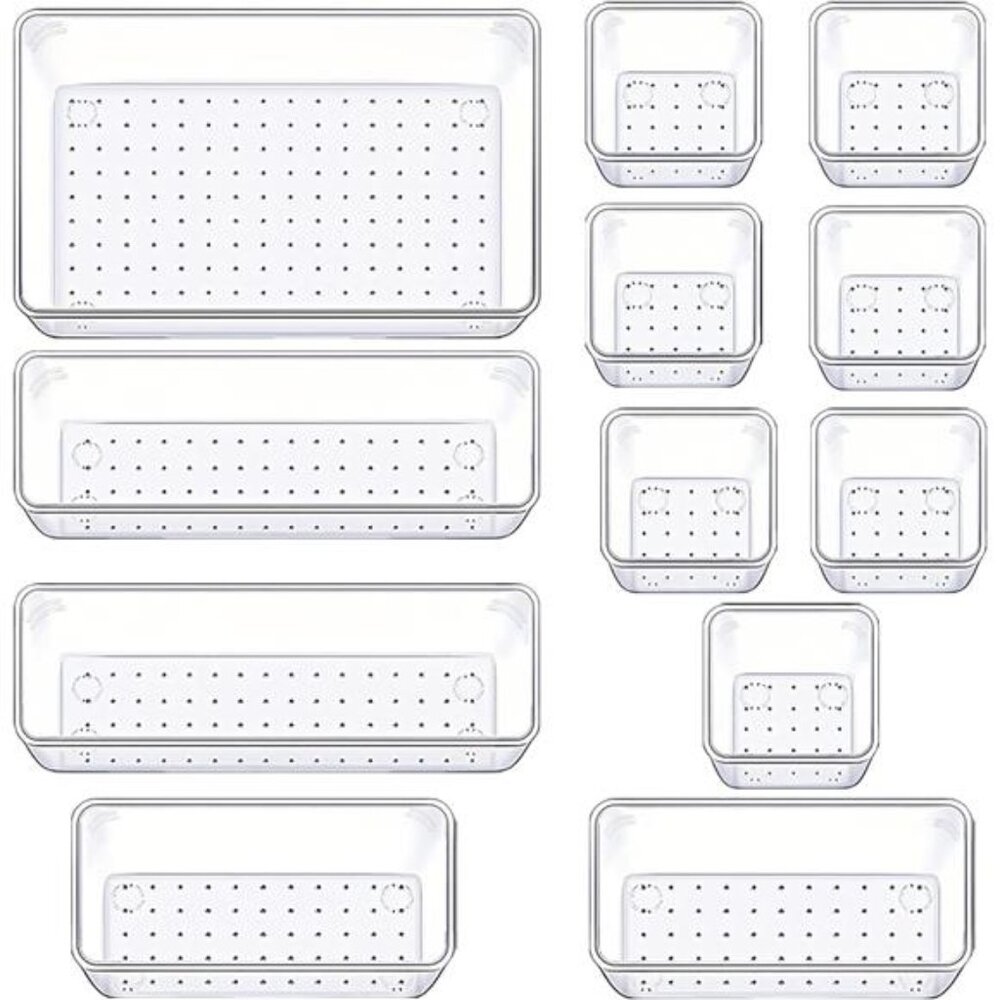 Clear Drawer Organizer Set 12 Plastic Storage Bins Kitchen Bathroom Desk